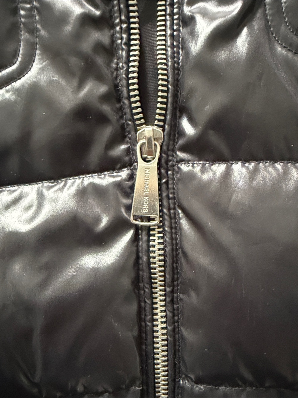 Michael Kors Black Shiny Quilted Puffer Vest with Faux Fur Hood - Picture 8 of 15